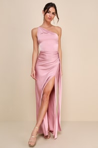 Signature Elegance Rose Satin One-Shoulder Maxi Dress