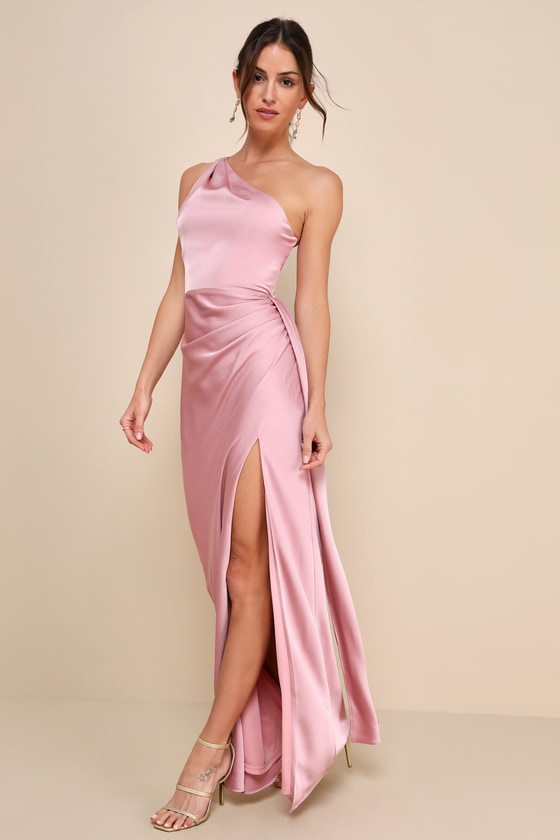 Lulus Signature Elegance Rose Satin One-shoulder Maxi Dress In Pink