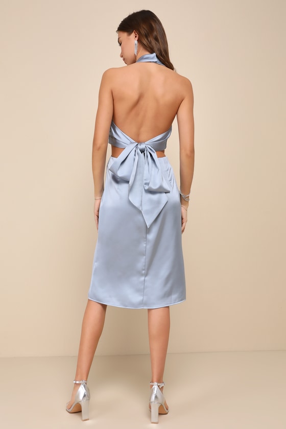 Immaculate Presence Light Blue Satin Halter Tie-Back Midi Dress 3