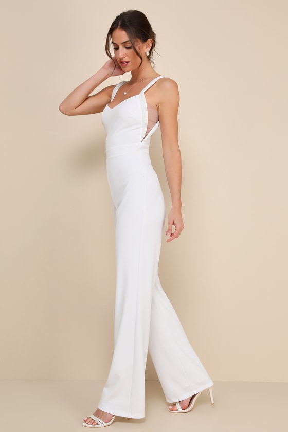 White V-Neck Jumpsuit - Pearl Beaded Jumpsuit - Bridal