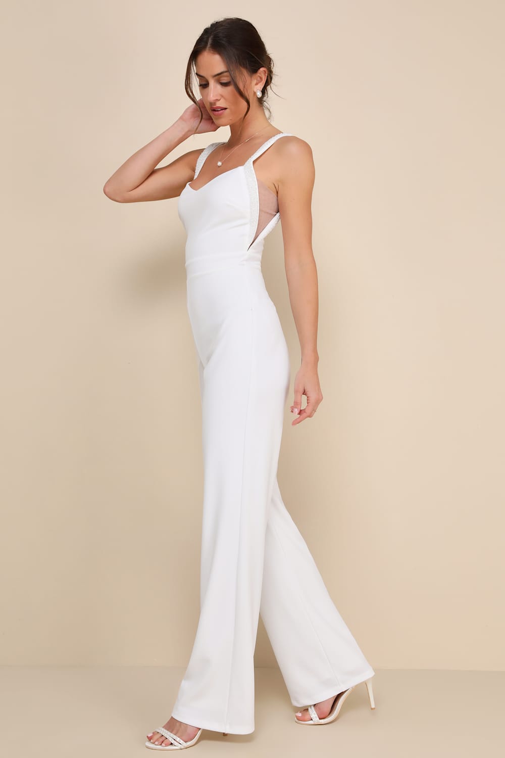 Love Aglow White Pearl Beaded Sleeveless Straight Leg Jumpsuit