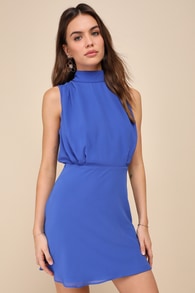 Classic Elegance Blue Chiffon Sleeveless Mock Neck Mini Dress