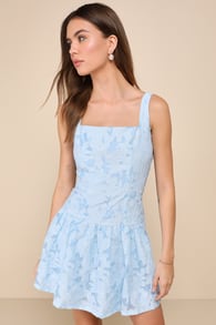 Exuberant Elegance Light Blue Jacquard Drop Waist Mini Dress