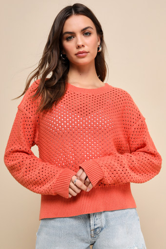 Easily Comfy Orange Loose Knit Crew Neck Pullover Sweater