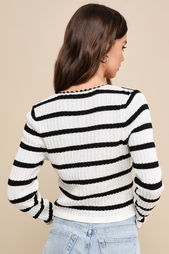 Shop Lulus Sweet Persuasion Ivory Striped Pointelle Tie-front Sweater Top