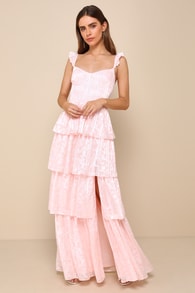 Stunning Glory Light Pink Floral Jacquard Tiered Maxi Dress