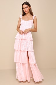Stunning Glory Light Pink Floral Jacquard Tiered Maxi Dress 1