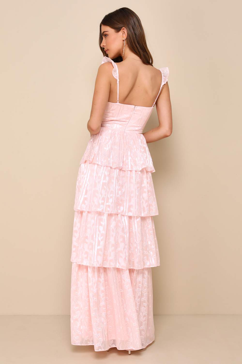 Stunning Glory Light Pink Floral Jacquard Tiered Maxi Dress