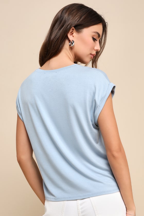 Light Blue Short Sleeve Tee - Folded Cuff Tshirt - Cap Sleeve Tee - Lulus