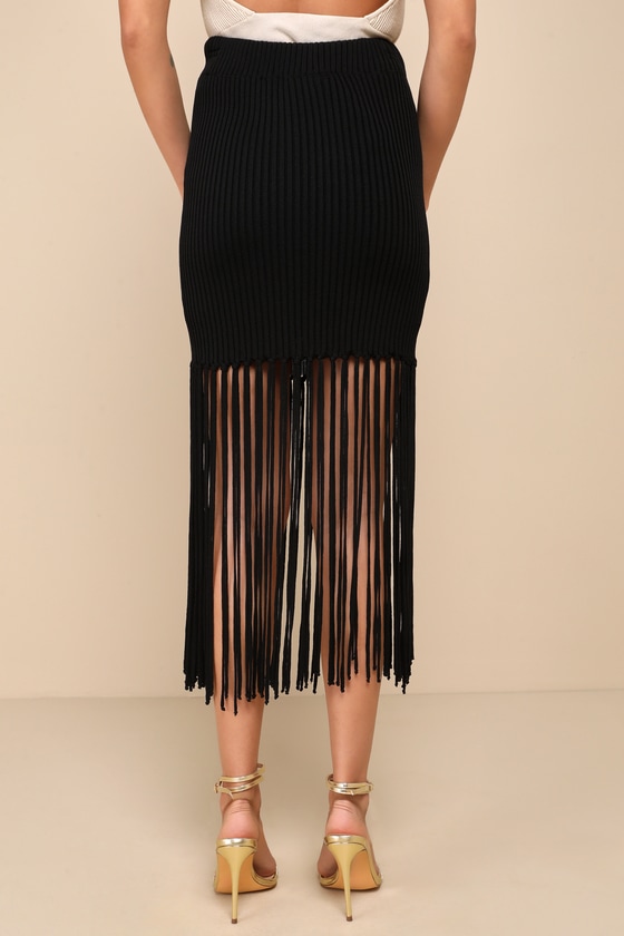 Black Ribbed Knit Skirt - Fringe Midi Skirt - Bodycon Midi