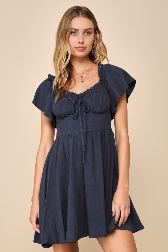 Lulus Adorable Personality Navy Blue Linen Off-the-shoulder Mini Dress