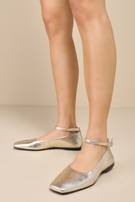 Delia Gold Metallic Leather Square Toe Ankle Strap Flats