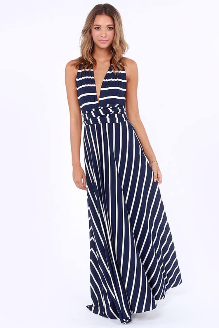 striped bridesmaid dress The Blue V Neck Shirred Striped Maxi Dress & Reviews - Blue - Dresses