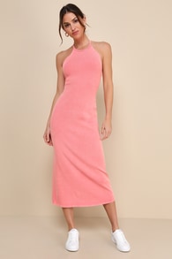 Sunny Admiration Washed Coral Pink Ribbed Sleeveless Midi Dress