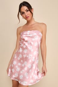 Sweet Status Light Pink Floral Satin Strapless Cutout Mini Dress