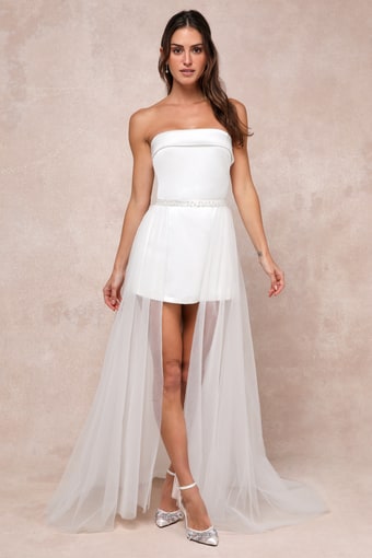 Special Radiance White Satin Strapless Romper with Overskirt