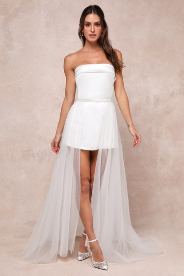 White Satin Romper - Bridal Romper with Overskirt - Bridal Romper - Lulus