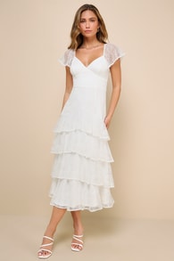 Graceful Darling White Lace Flutter Sleeve Tiered Midi Dress