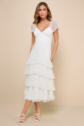 White Lace Flutter Sleeve Tiered Midi Dress | Womens | Medium (Available in L) | 100% Polyester | Lulus | Homecoming