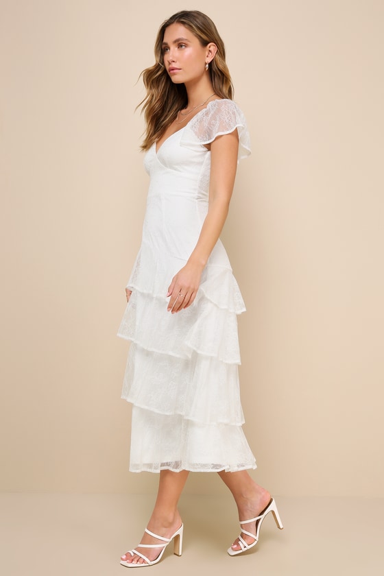 LULUS GRACEFUL DARLING WHITE LACE FLUTTER SLEEVE TIERED MIDI DRESS 