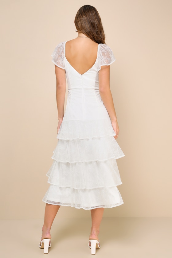 LULUS GRACEFUL DARLING WHITE LACE FLUTTER SLEEVE TIERED MIDI DRESS 