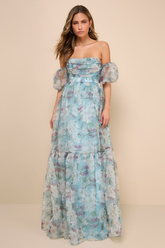 Lulus Blissful Glamour Blue Floral Tiered Off-the-shoulder Maxi Dress