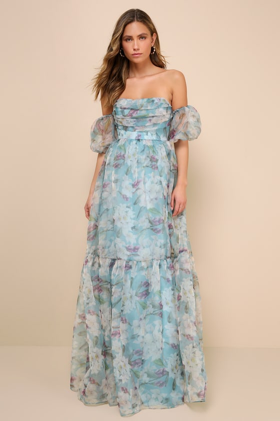 Blissful Glamour Blue Floral Tiered Off-the-Shoulder Maxi Dress 1