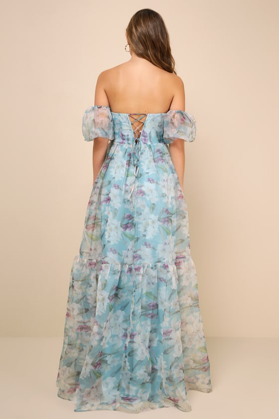 Blissful Glamour Blue Floral Tiered Off-the-Shoulder Maxi Dress 3