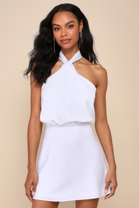 Sleek Essence White Satin Halter Sleeveless Mini Dress