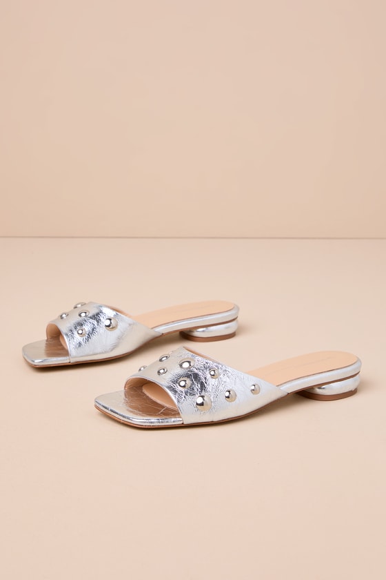 Intentionally Blank Sadie Mercury Silver Leather Studded Slide Sandals