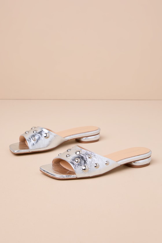 Sadie Mercury Silver Leather Studded Slide Sandals 1