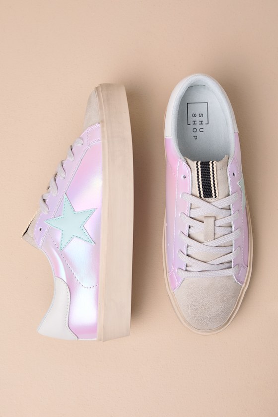 Shop Shu Shop Reba Lilac Iridescent Flatform Color Block Sneakers