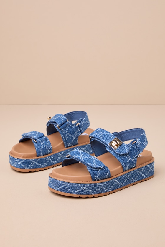 Shop Steve Madden Big Mona Denim Multi Slingback Flatform Sandals In Blue