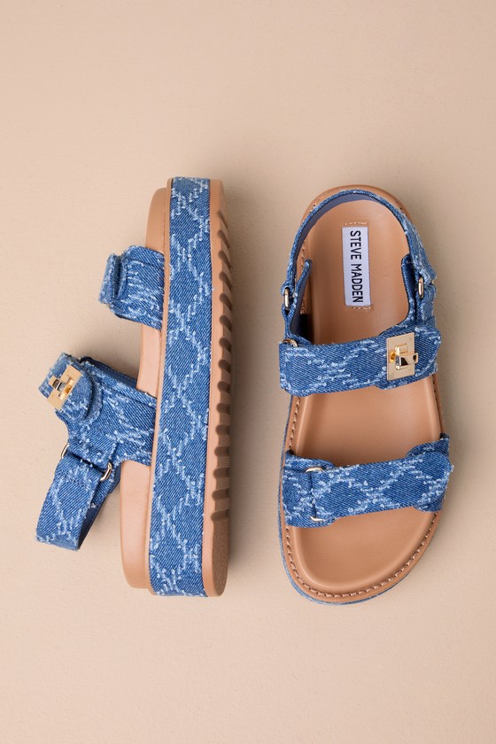 歩行快適◎★Steve Madden★ビッグモナ デニムマルチ サンダル Steve Madden Big Mona - Blue Denim Sandals - Flatform
