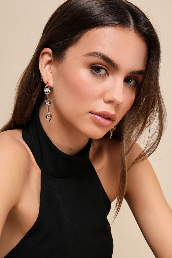 Gold Chain Link Earrings Rhinestone Drop Earrings Earrings Lulus