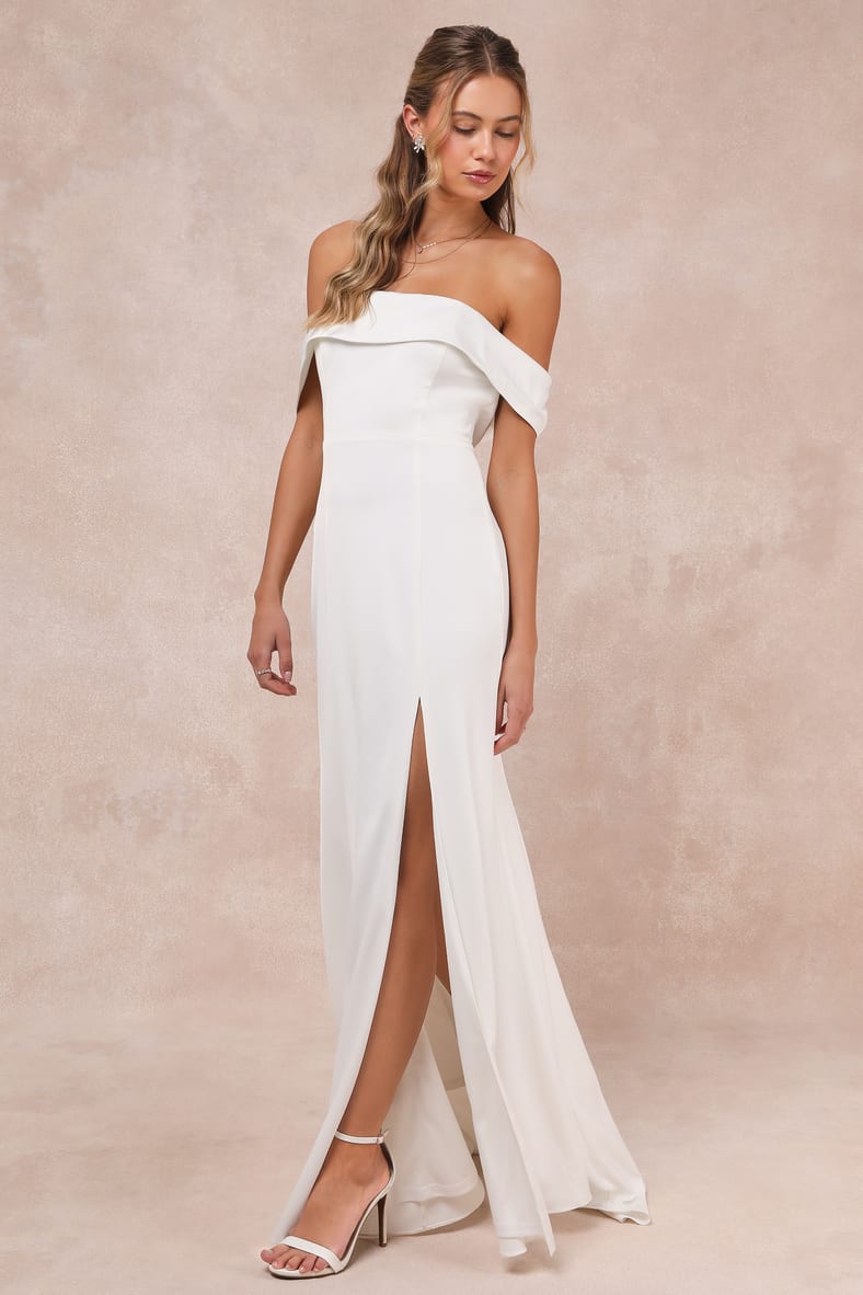 Dose of Love Ivory Satin Off-the-Shoulder Mermaid Maxi Dress