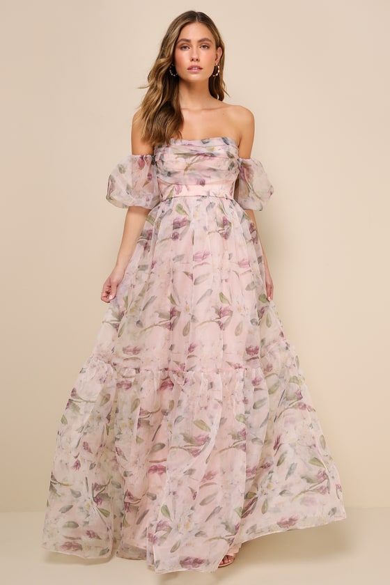 Lulus Blissful Glamour Blush Floral Tiered Off-the-shoulder Maxi Dress In Pink