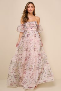 Blissful Glamour Blush Floral Tiered Off-the-Shoulder Maxi Dress