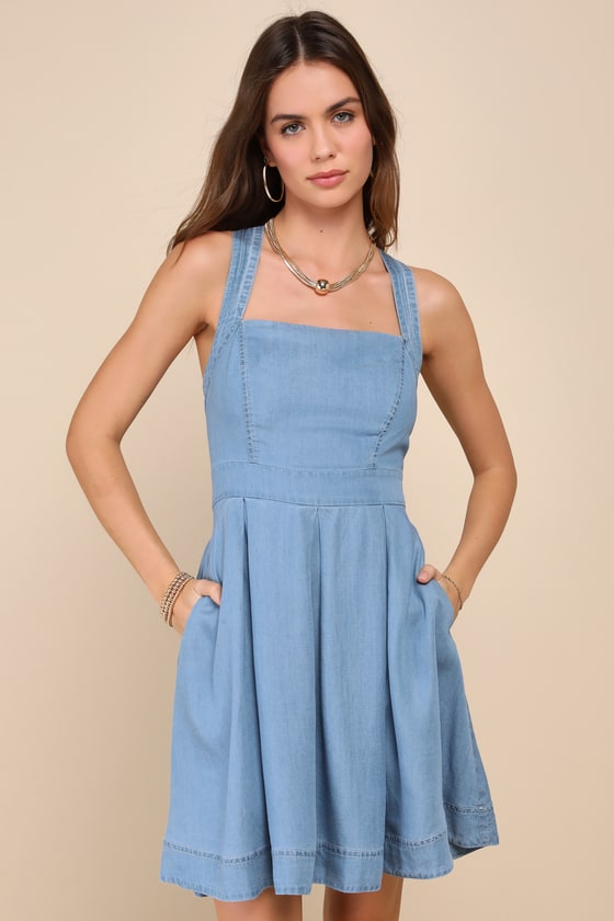 Lulus Compelling Cuteness Blue Chambray Mini Dress With Pockets