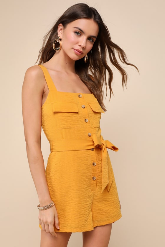 Lulus Daily Choice Golden Yellow Sleeveless Belted Button-front Romper