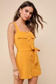 Daily Choice Golden Yellow Sleeveless Belted Button-Front Romper