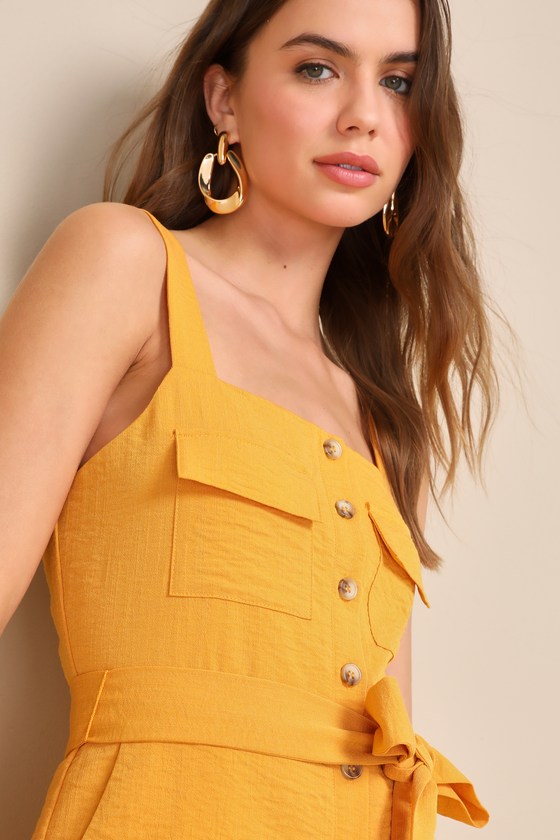 Shop Lulus Daily Choice Golden Yellow Sleeveless Belted Button-front Romper