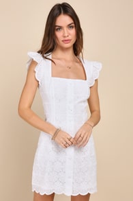 Precious Disposition White Embroidered Button-Up Mini Dress
