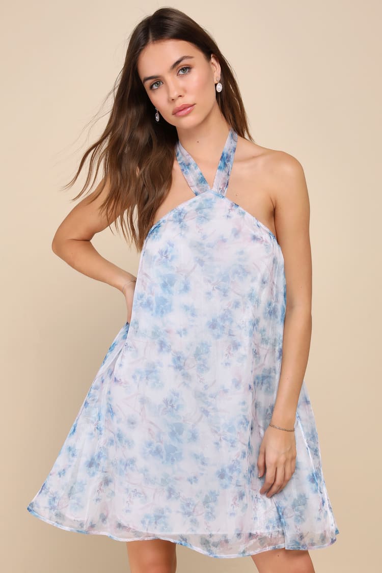 Gorgeous Grace White Floral Organza Halter Shift Mini Dress