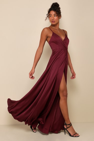 Ode To Love Burgundy Satin Maxi Dress Lulus