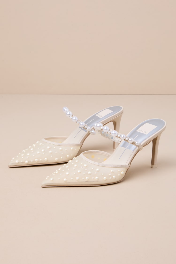 Katik Ivory Mesh Pearl Pointed-Toe Mule Pumps