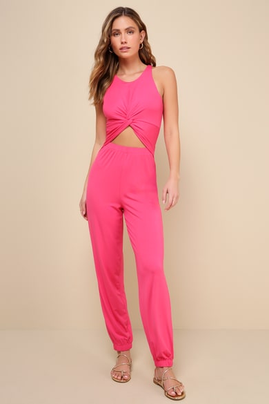 Pink Two Tone Knit Cut Out Ring Jumpsuit & Sleeves