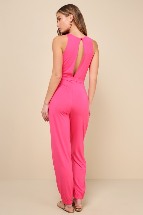 Shop Lulus Fun-loving Comfort Hot Pink Twist-front Cutout Jogger Jumpsuit