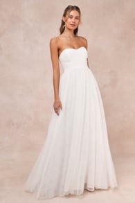 Blissful Forever White Tulle Lace Strapless Pleated Maxi Dress