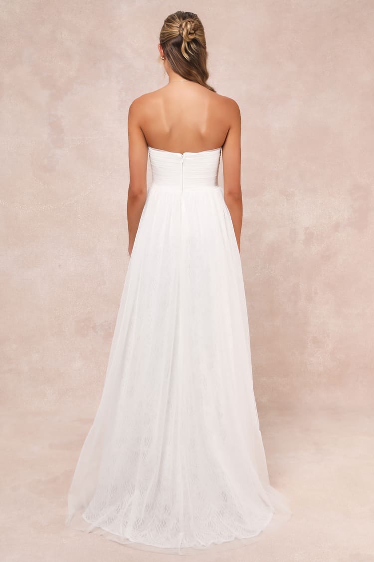 Blissful Forever White Tulle Lace Strapless Pleated Maxi Dress